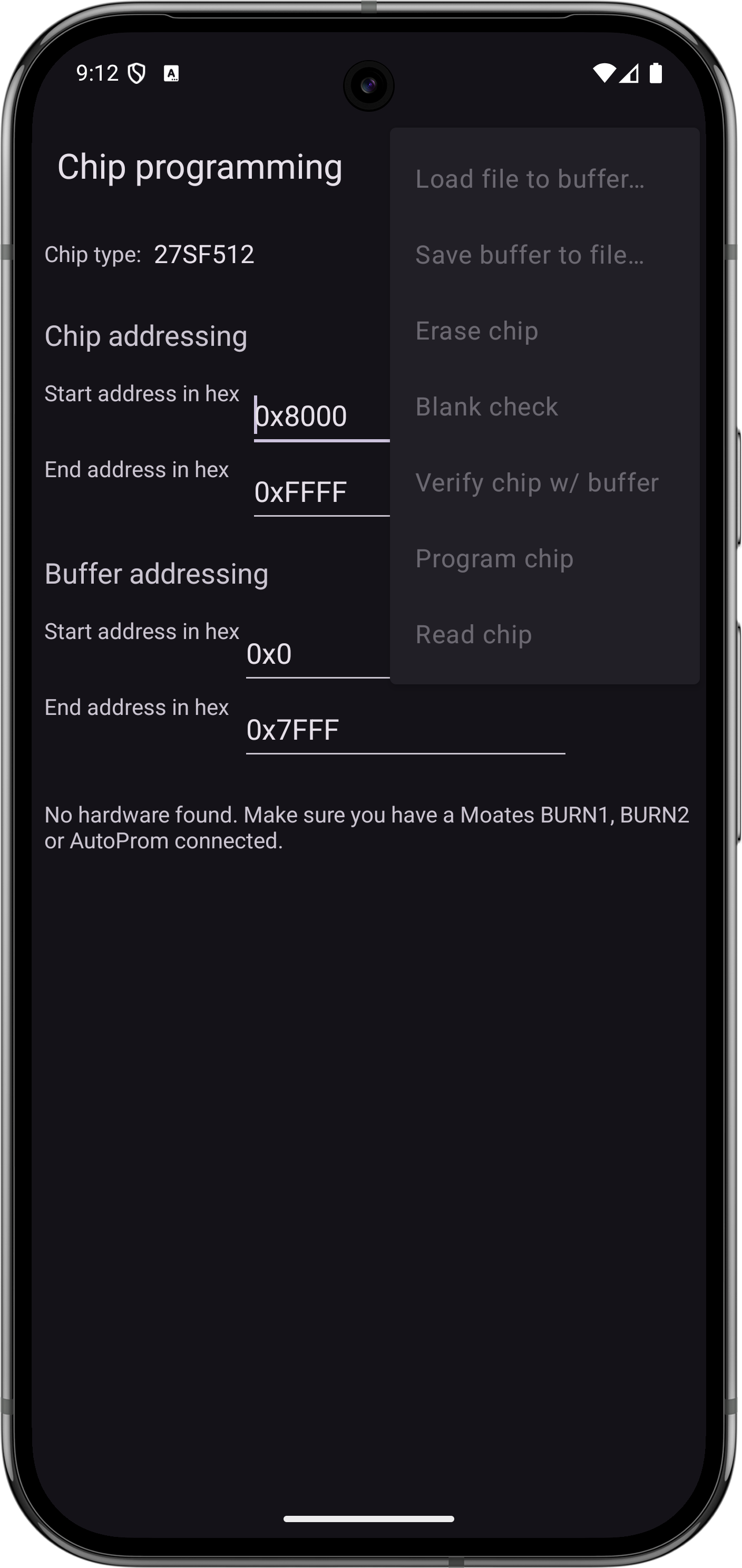 Chip programming interface showing addressing, chip type, and action menu