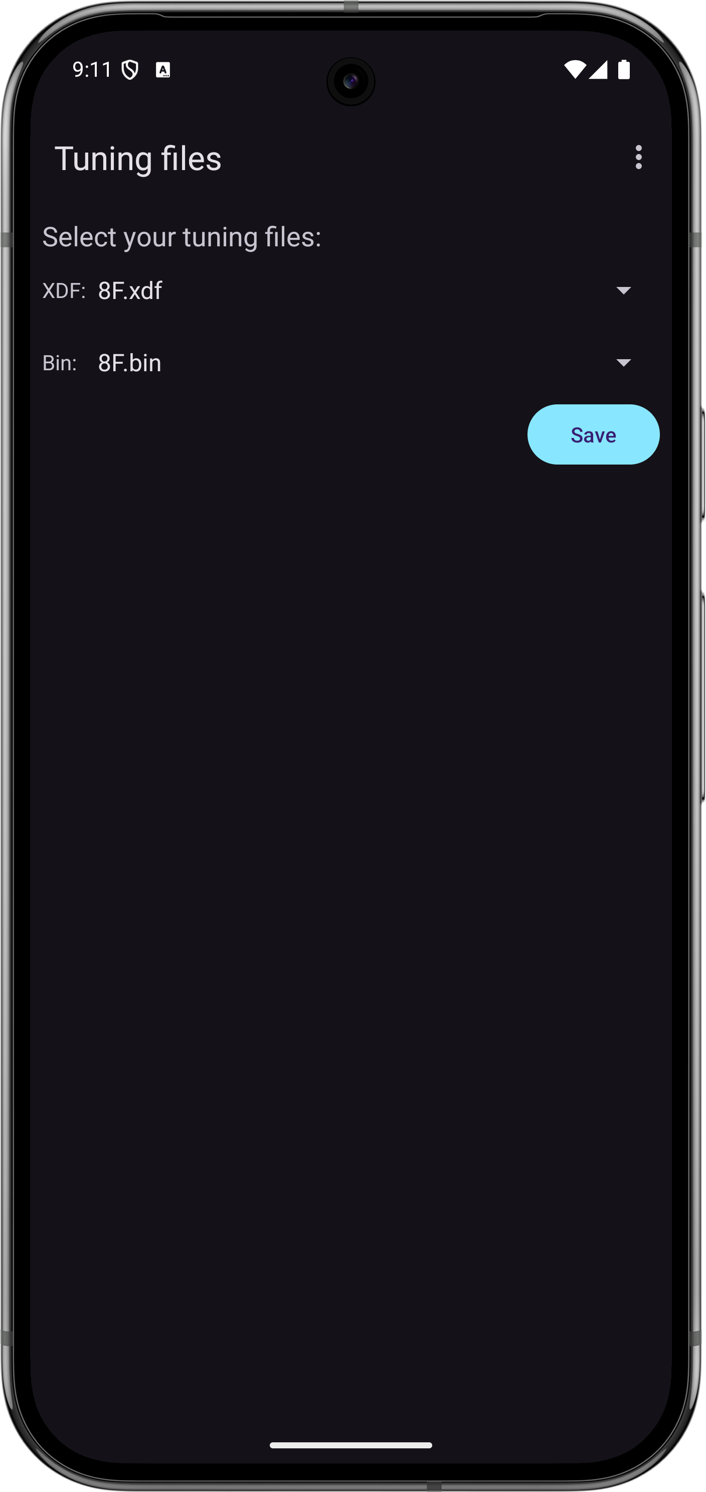 Tuning files import screen showing XDF and BIN file selection