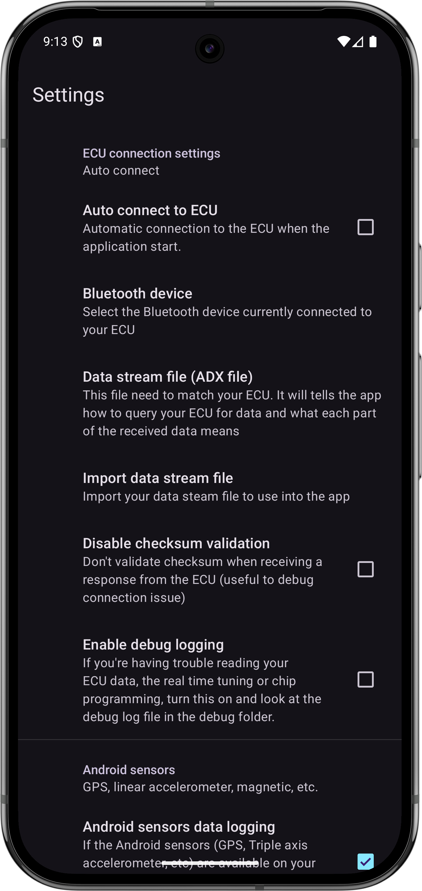 ALDLdroid settings screen showing connection, data stream, and logging options